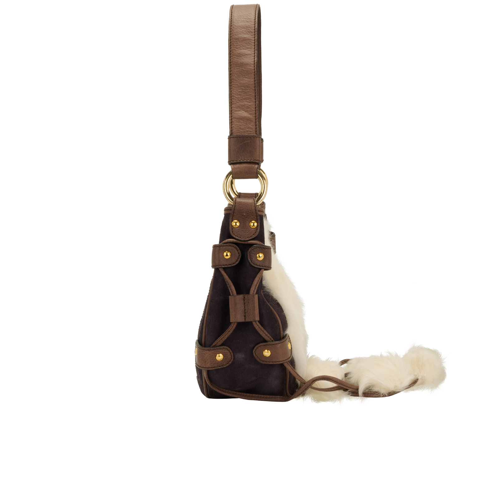 Furry PomPom Shoulder Bag, &pound;190, Handbags, Brown, Suede, Side view